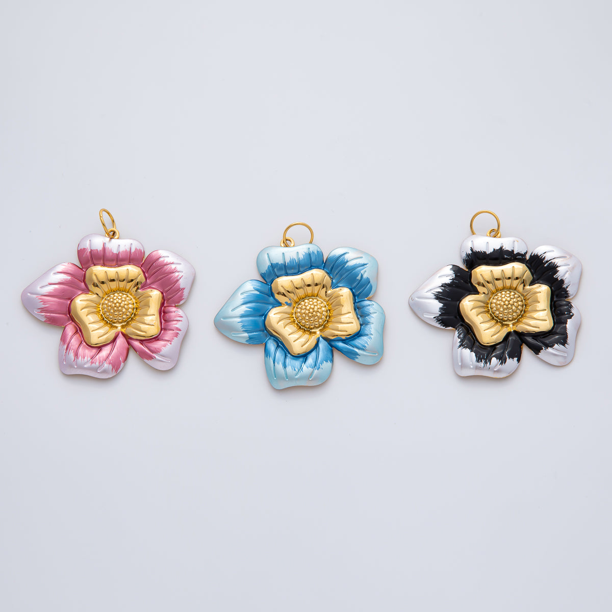 18K Gold Plated 51mm Handpainted Blue, Pink, Black Enamel Blooming Flower Charm | AF1421 AF1422