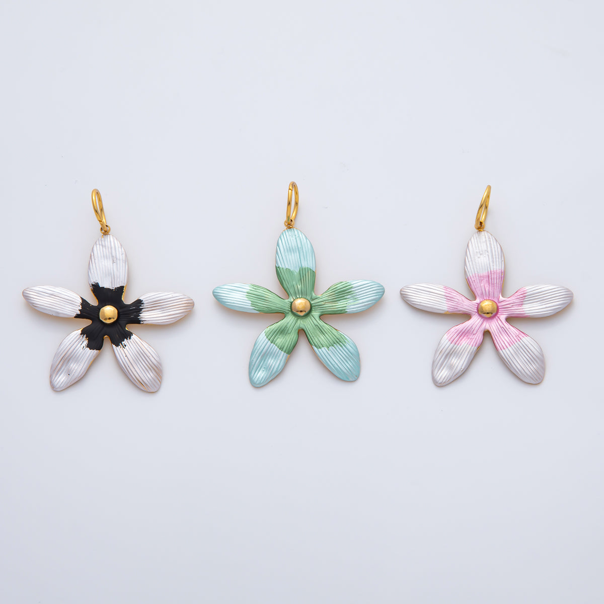 18K Gold Plated 41mm Handpainted Black, Green, Pink Enamel Fresh Flower Charm | AF1424 AF1425