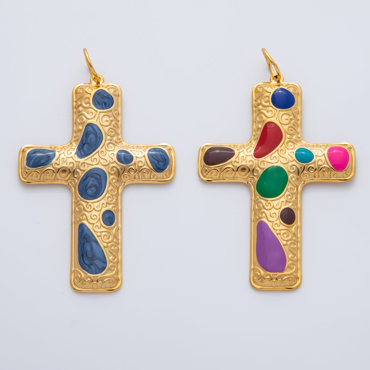 18K Gold Plated 63mm Handpainted Blue, Multicolor Enamel Patterned Christian Cross Charm | AF1423