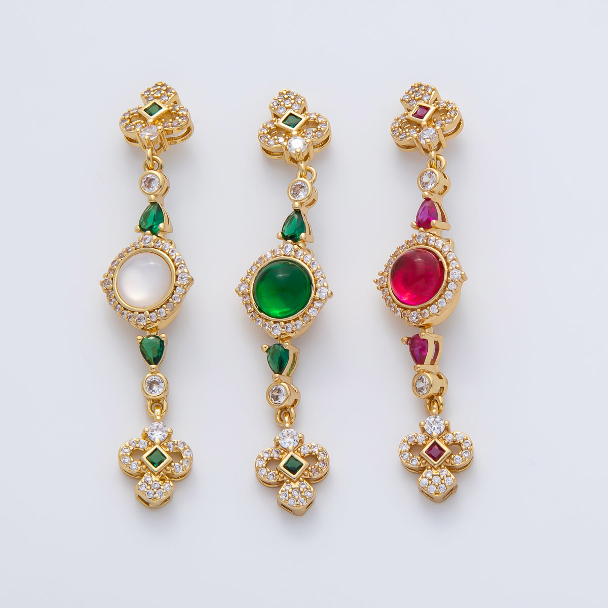 18K Gold Filled 56mm White, Green, Red CZ Quatrefoil Teardrop Dangle Drop Finding | Z1450 Z1451