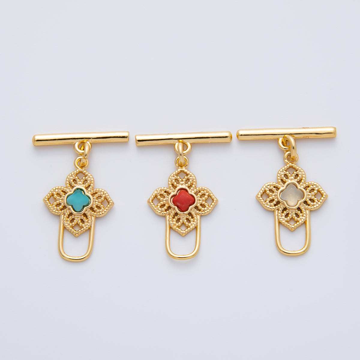 18K Gold Filled Blue, Red, White CZ Clover OT Clasp Dainty Toggle Clasps Closure Finding | Z1458 Z1459