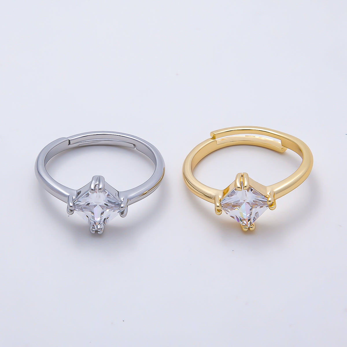 16K Gold Filled Clear Rhombus CZ Solitaire Adjustable Ring in Gold & Silver | Rings-00157 Rings-00158