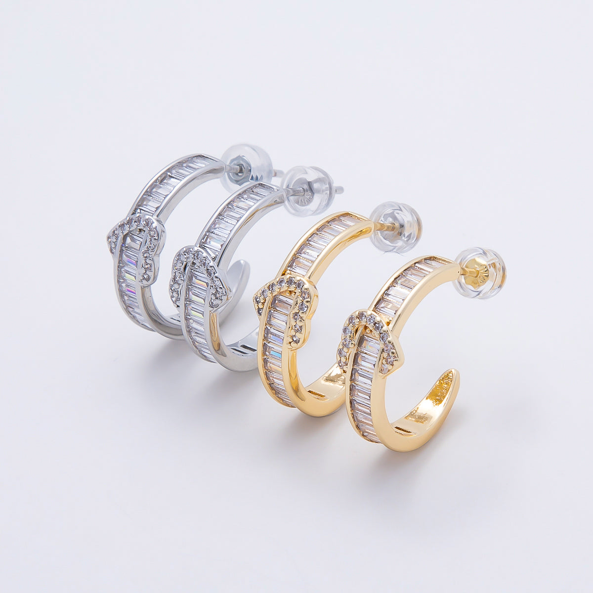 16K Gold Filled 20mm Heart Knot Baguette Micro Paved CZ C-Shaped Hoop in Gold & Silver | Earrings-00643 Earrings-00644