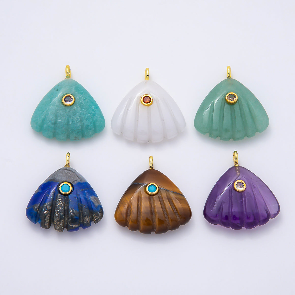 16K Gold Filled 27mm Multicolor CZ Embedded Gemstone Scallop Sea Shell Pendant | Charms-01047 ~ Charms-01052