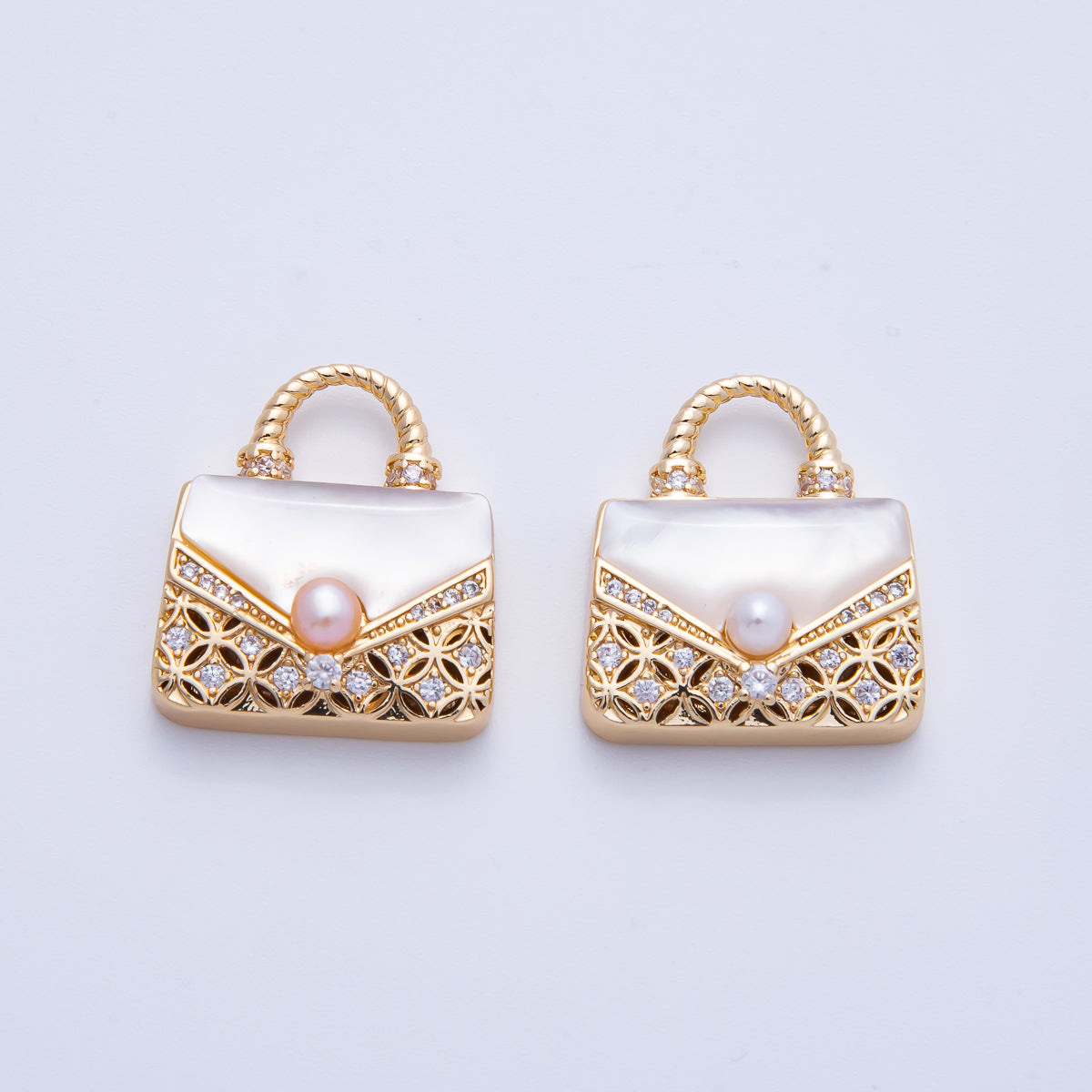 18K Gold Filled 19mm White, Pink Shell Pearl Micro Paved CZ Top Handle Bag Pendant | AK153