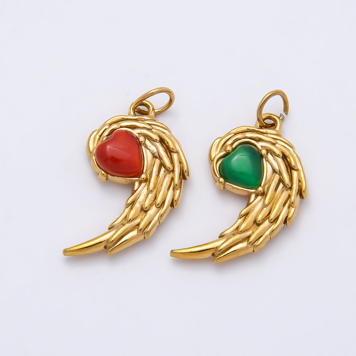PVD Gold Stainless Steel 22mm Red, Green Heart Curved Angel Wing Charm | Charms-01125 Charms-00808