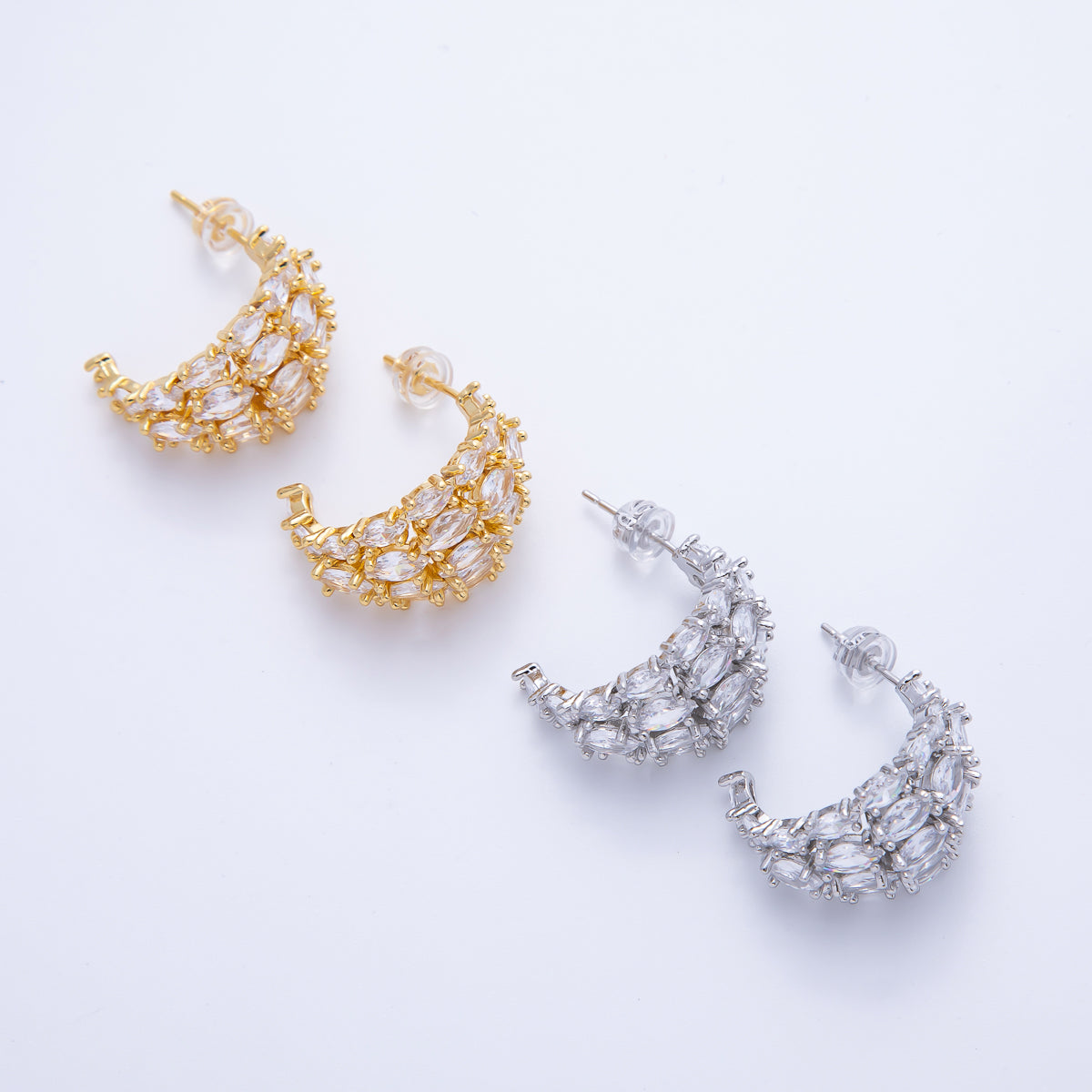 14K Gold Filled 22.5mm Clear CZ Marquise C-Shaped Hoop Earrings in Gold & Silver | Earr-020007 Earr-020008