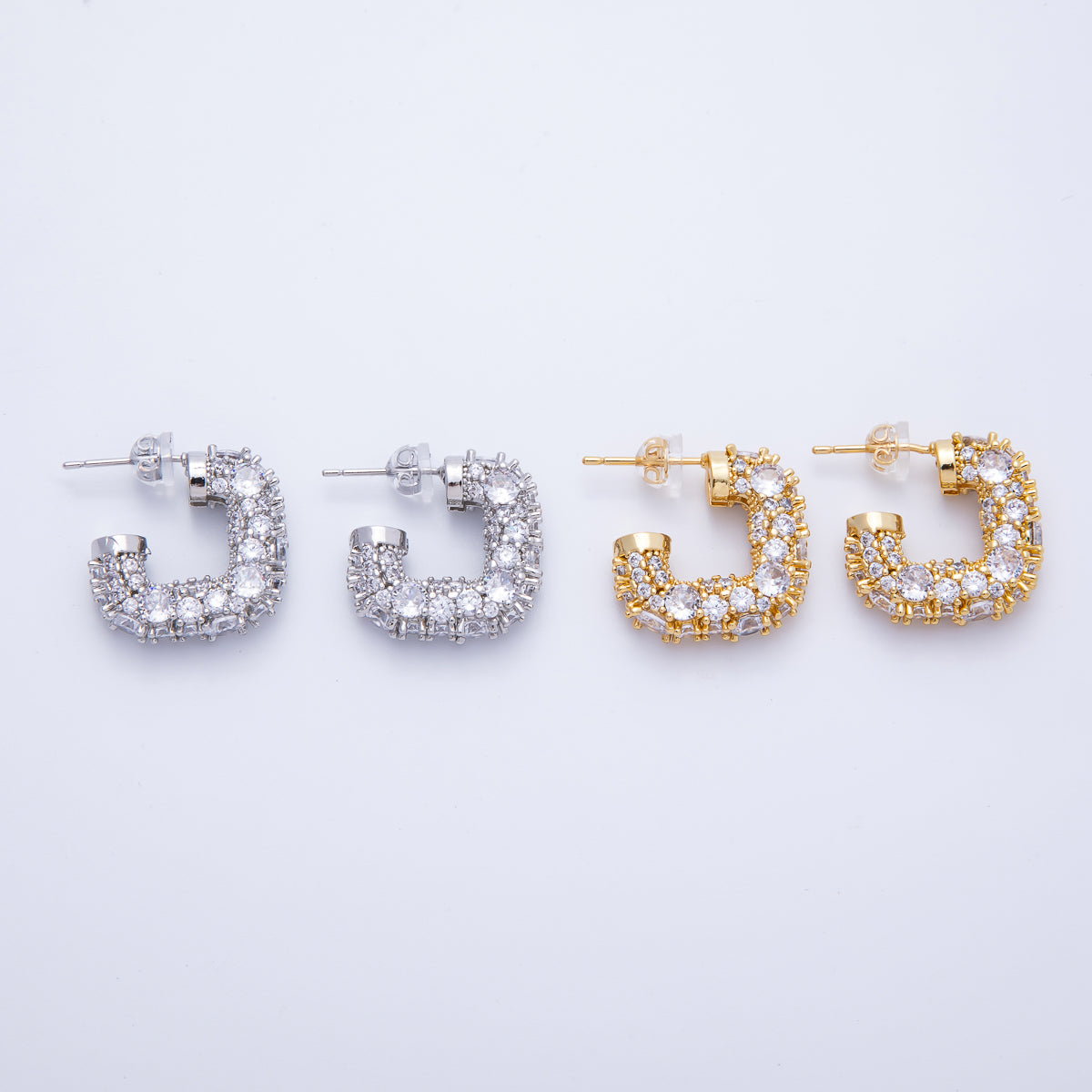 14K Gold Filled 19mm Micro Paved CZ Square J-Shaped Hoop Earrings in Gold & Silver | Earr-020014 Earr-020015