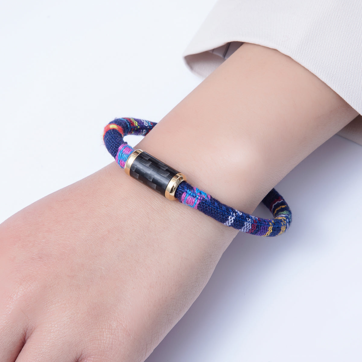 10mm Blue Multicolor Embroidered Fabric Cord 8.86 Inch Bracelet | WA-3960