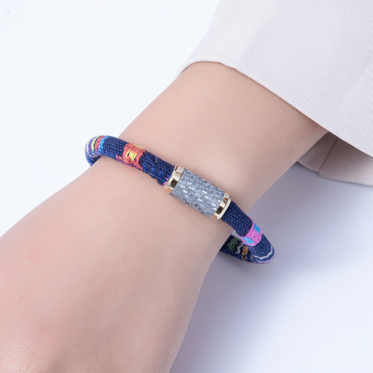 10mm Blue Multicolor Embroidered Fabric Cord 8.86 Inch Bracelet | WA-3961