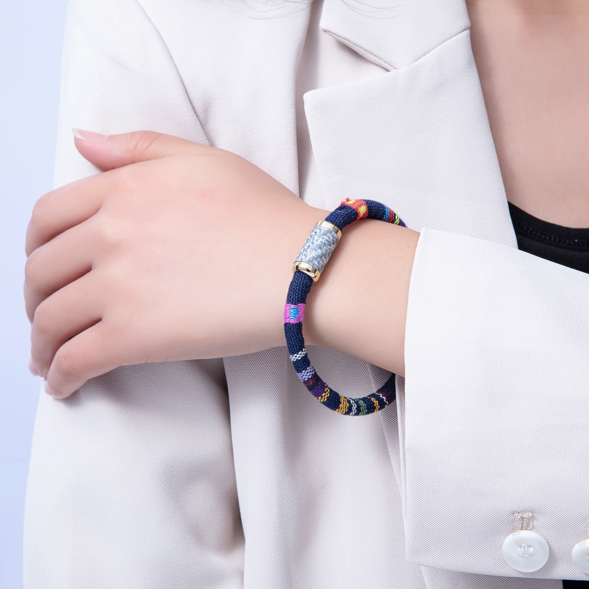 10mm Blue Multicolor Embroidered Fabric Cord 8.86 Inch Bracelet | WA-3961