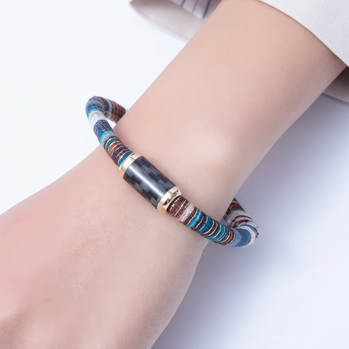 10mm Multicolor Gold-Lined Embroidered Fabric Cord 8.86 Inch Bracelet | WA-3964