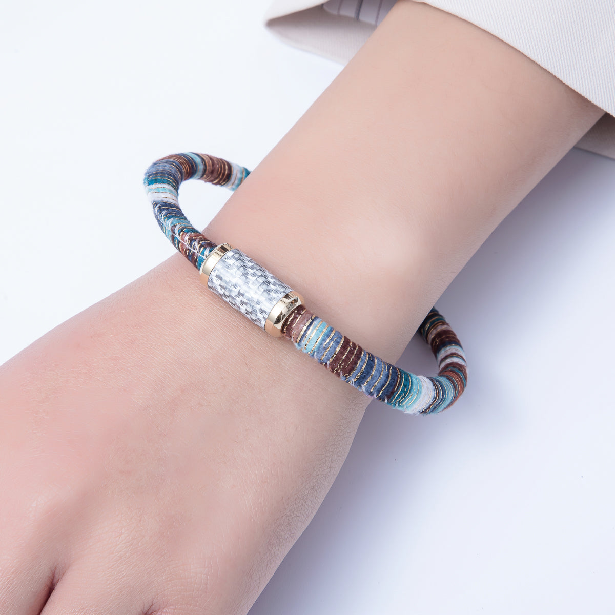 10mm Multicolor Gold-Lined Embroidered Fabric Cord 8.86 Inch Bracelet | WA-3965