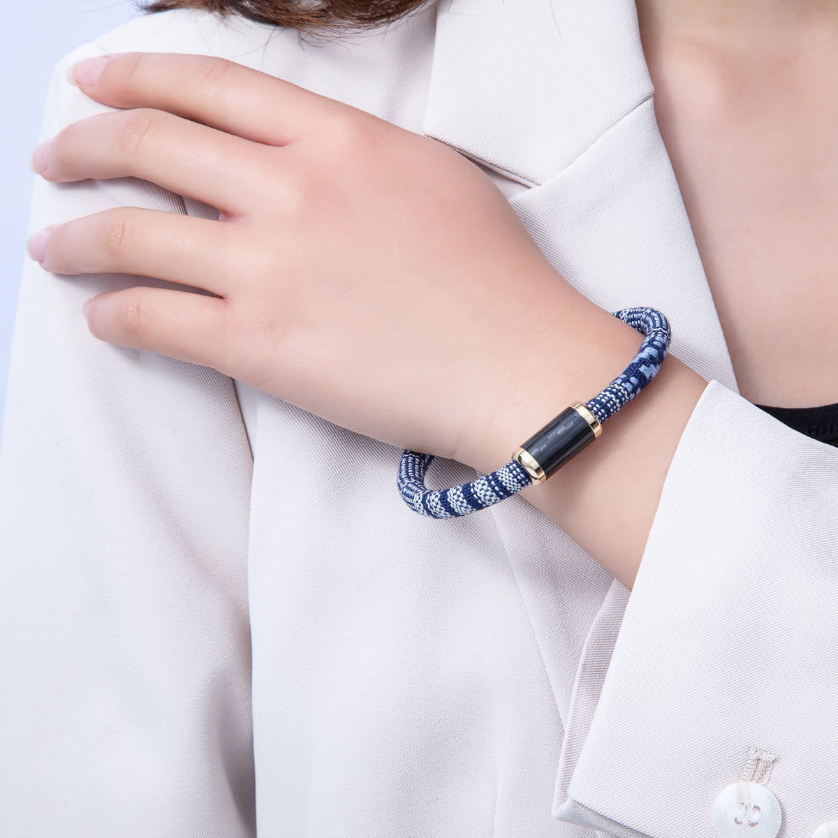 10mm Blue Woven Embroidered Fabric Cord 8.86 Inch Bracelet | WA-3962