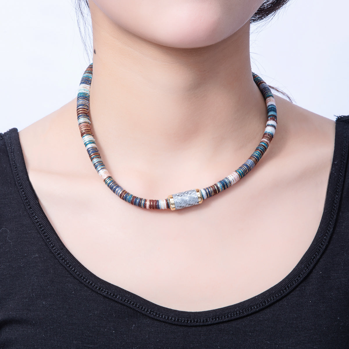 10mm Multicolor Gold-Lined Embroidered Fabric Cord 16.54 Inch Necklace | WA-3959