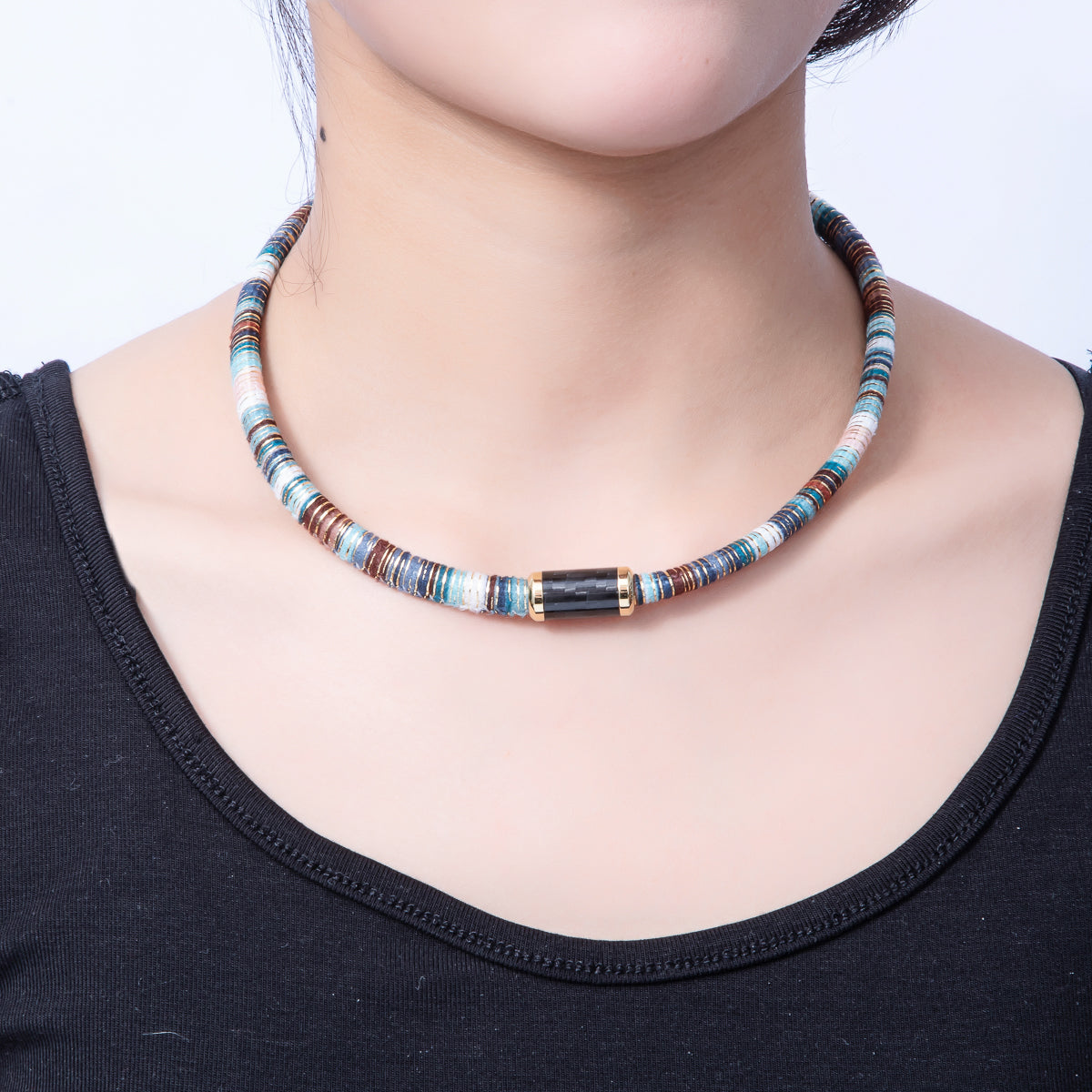 10mm Multicolor Gold-Lined Embroidered Fabric Cord 16.54 Inch Necklace | WA-3958