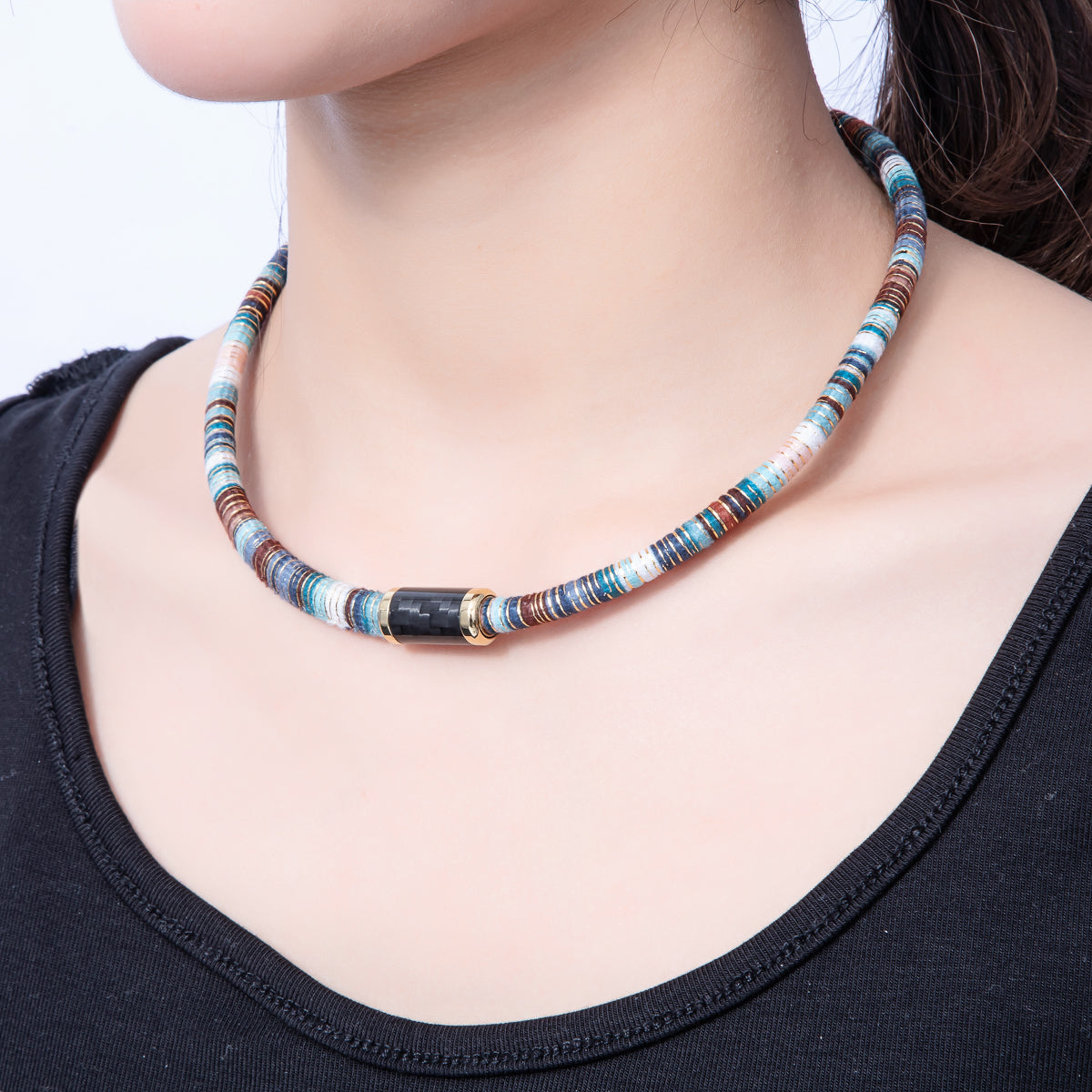 10mm Multicolor Gold-Lined Embroidered Fabric Cord 16.54 Inch Necklace | WA-3958