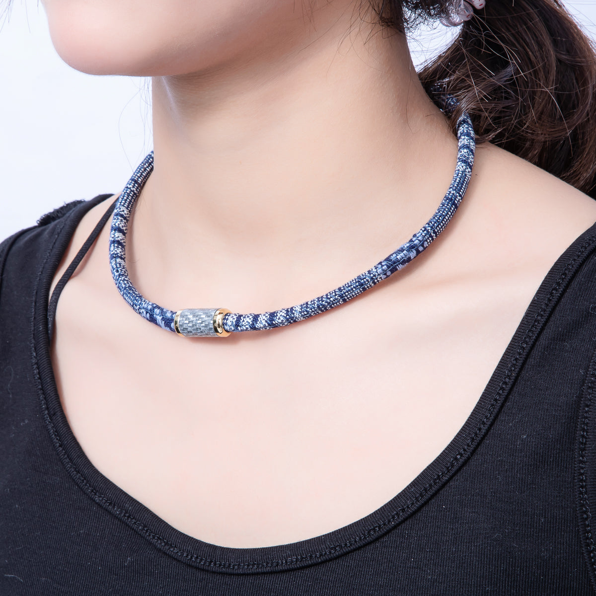 10mm Blue Woven Embroidered Fabric Cord 16.54 Inch Necklace | WA-3957