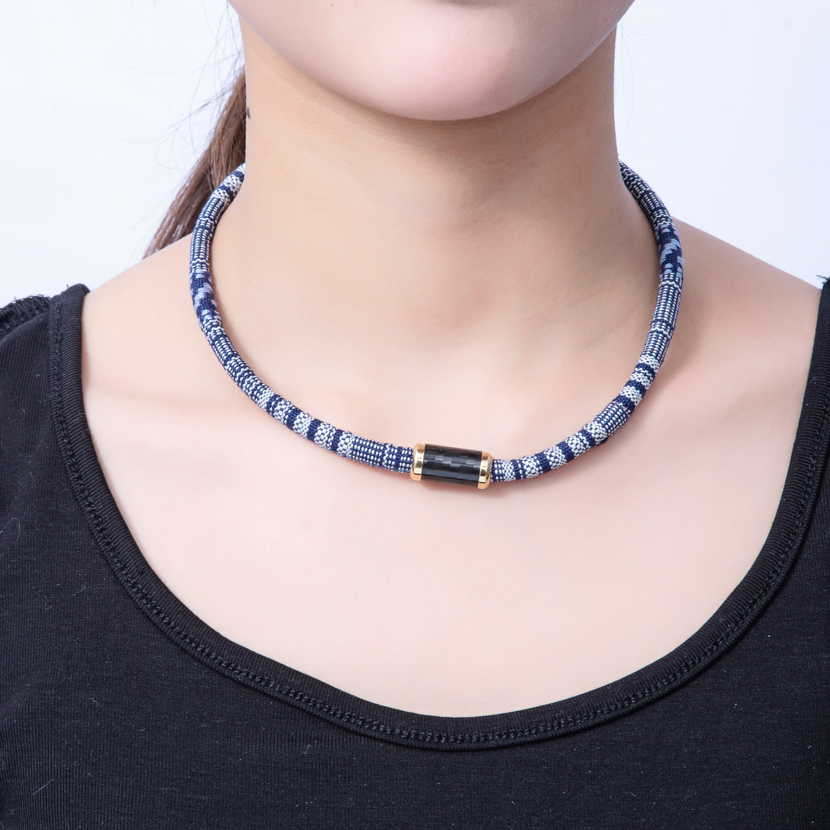 SUMMER 10mm Blue Woven Embroidered Fabric Cord 16.54 Inch Necklace | WA-03956