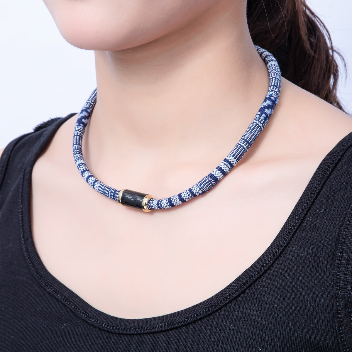 10mm Blue Woven Embroidered Fabric Cord 16.54 Inch Necklace | WA-3956