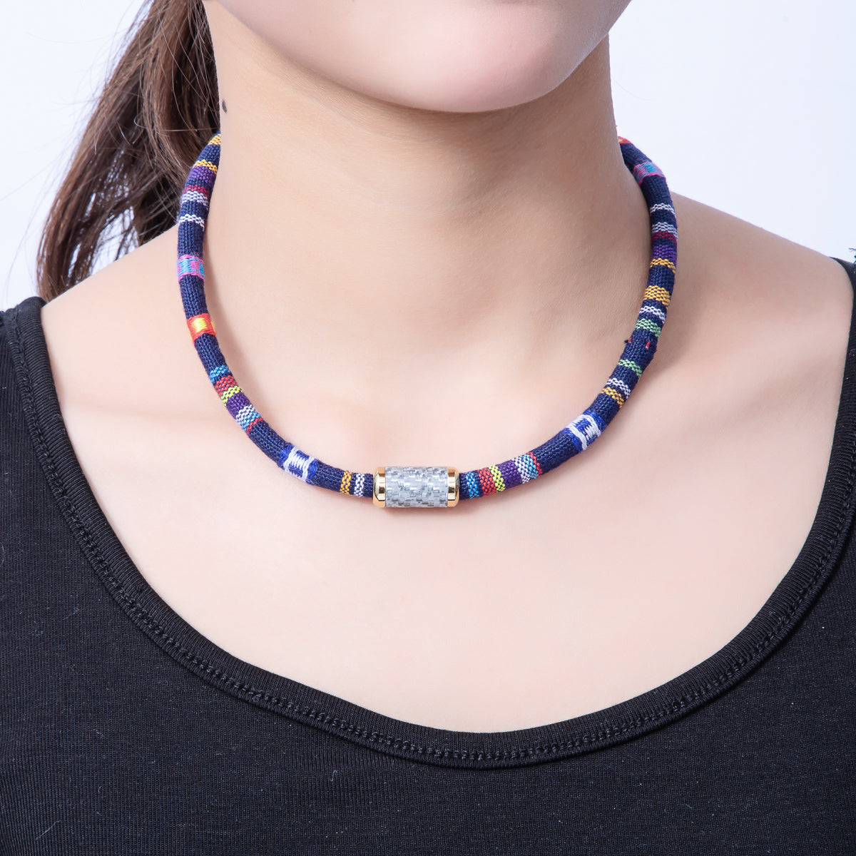 10mm Blue Multicolor Embroidered Fabric Cord 16.54 Inch Necklace | WA-3955