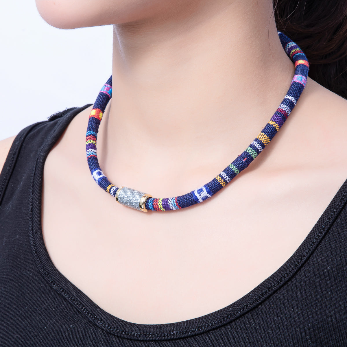 10mm Blue Multicolor Embroidered Fabric Cord 16.54 Inch Necklace | WA-3955