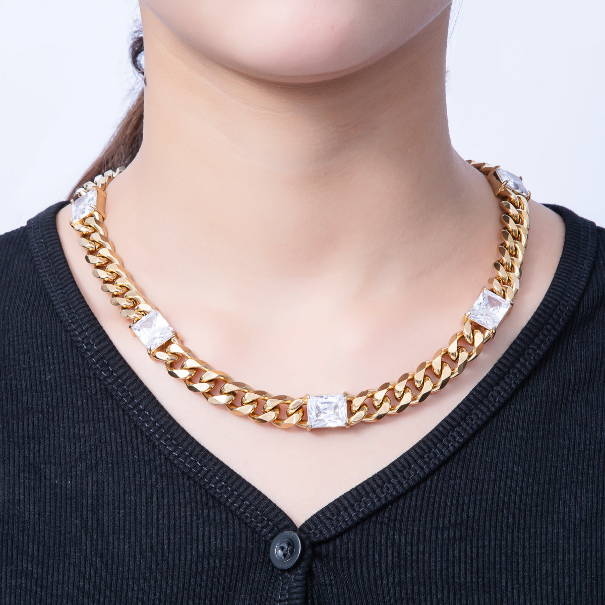 Stainless Steel 12mm Clear CZ Baguette Curb Chain 18 Inch Necklace in Gold & Silver | WA-3941 WA-3942