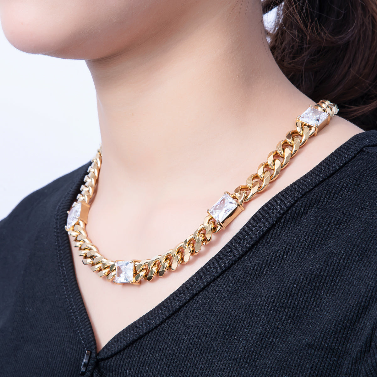 Stainless Steel 12mm Clear CZ Baguette Curb Chain 18 Inch Necklace in Gold & Silver | WA-3941 WA-3942