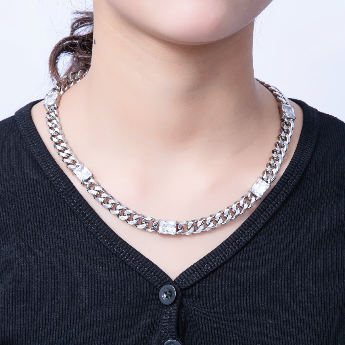 Stainless Steel 9.5mm Clear CZ Baguette Curb Chain 18 Inch Necklace in Gold & Silver | WA-3943 WA-3944