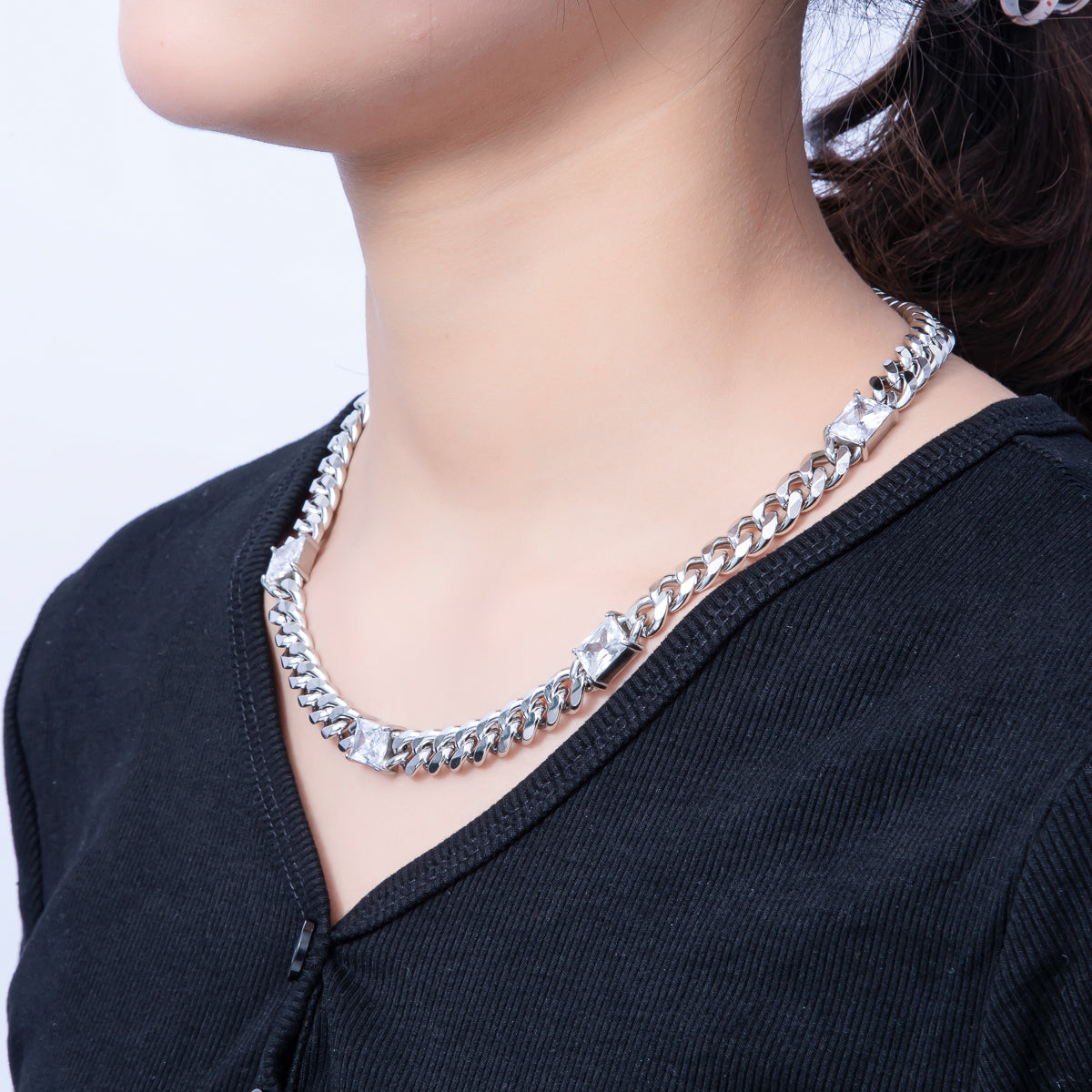 Stainless Steel 9.5mm Clear CZ Baguette Curb Chain 18 Inch Necklace in Gold & Silver | WA-3943 WA-3944