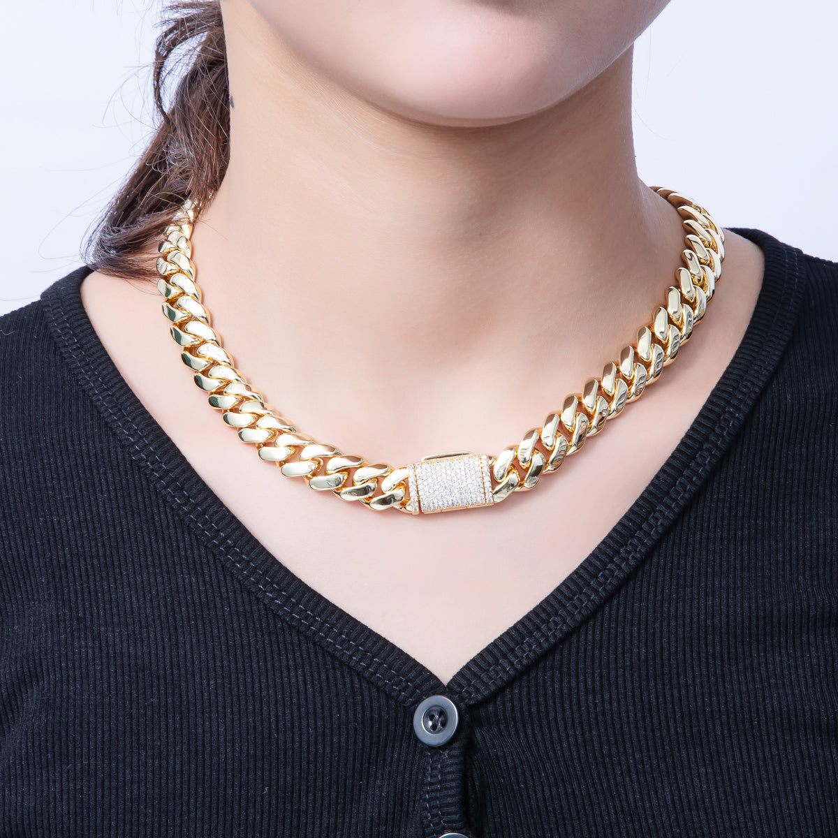 18K Gold Filled 12mm Curb Chain Micro Paved Clasps 17 Inch Necklace | WA-3945