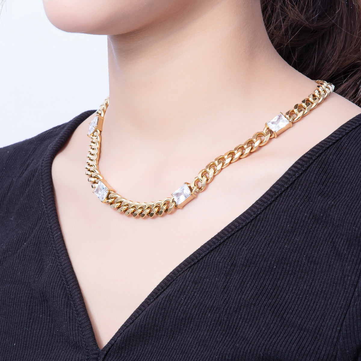 Stainless Steel 9.5mm Clear CZ Baguette Curb Chain 18 Inch Necklace in Gold & Silver | WA-3943 WA-3944