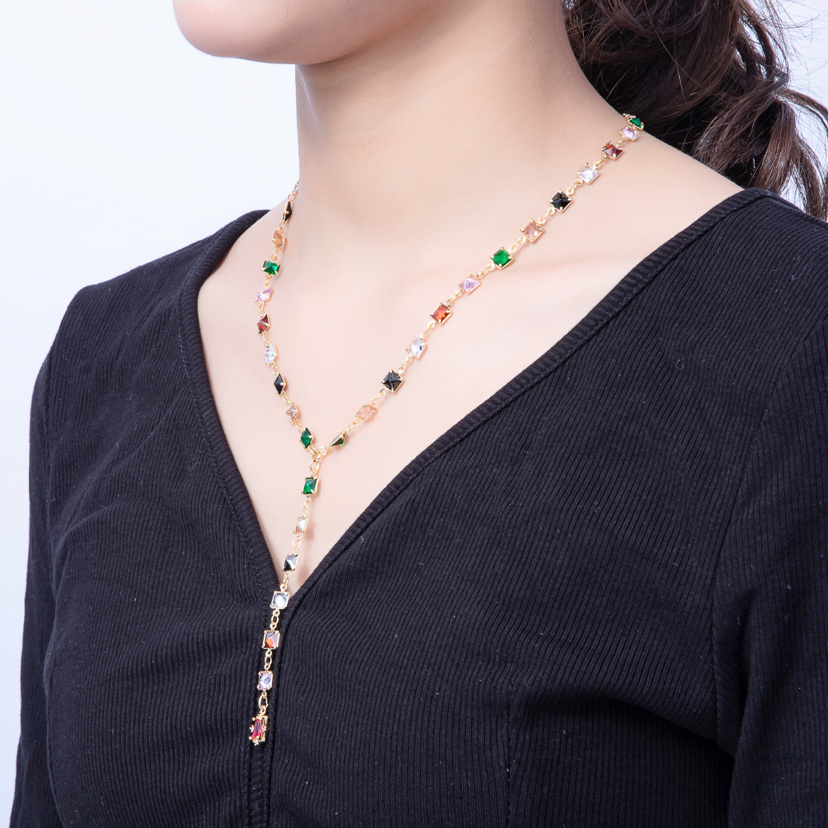 18K Gold Filled 5.7mm Multicolor Square CZ Gemstone Lariat 18 Inch Necklace w. Extender | WA-3940