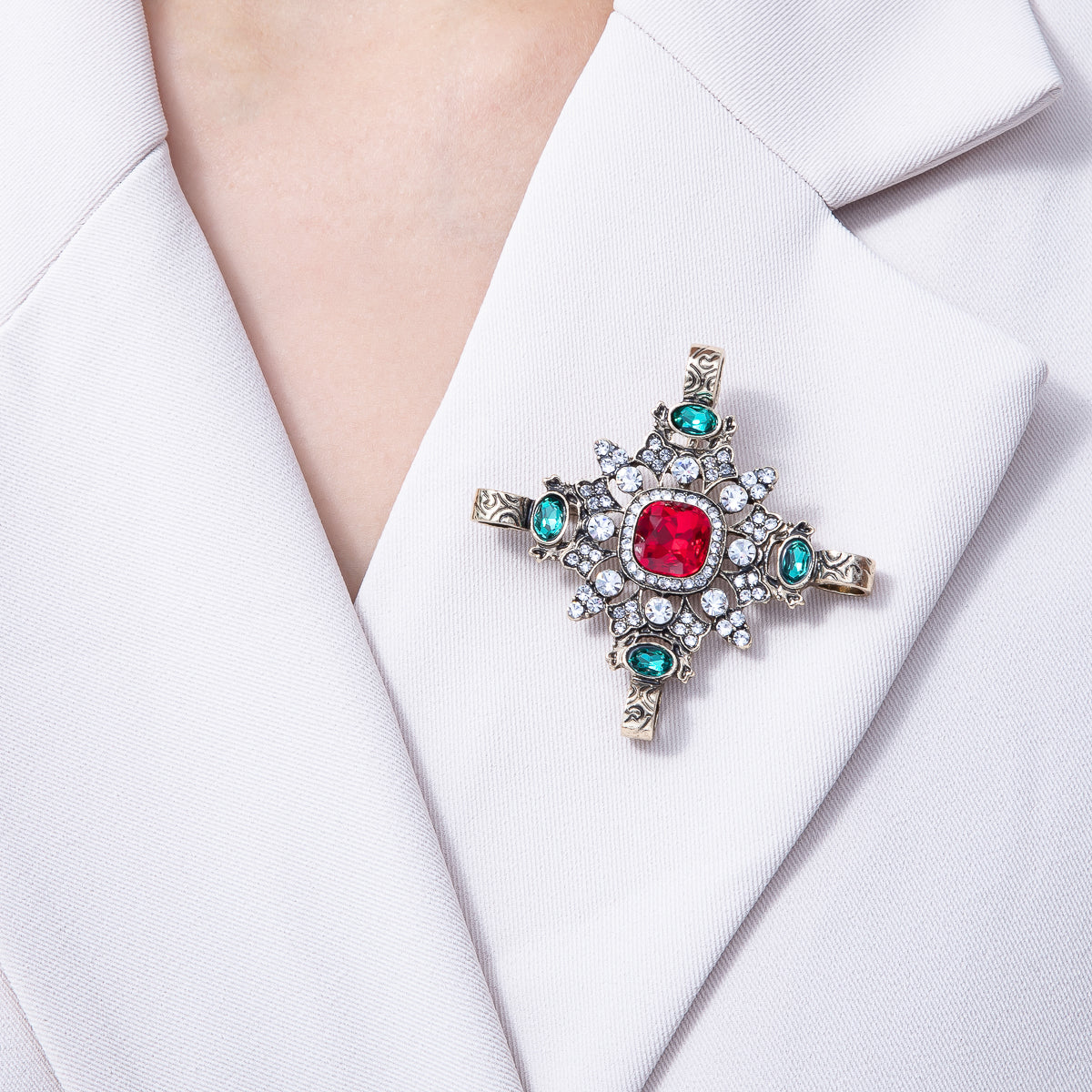 Vintage Gold 55.5mm x 35.5mm Multicolor Rhinestone Geometric Pin Brooch | BH-085