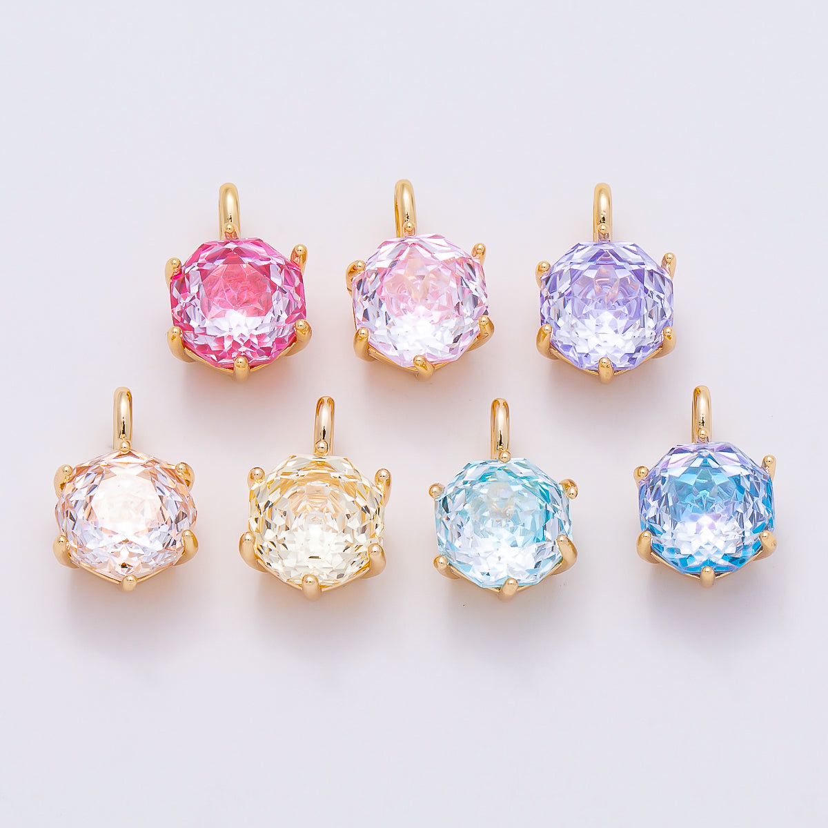 16K Gold Filled 13mm Blue, Pink, Purple, Clear, Yellow Round CZ Solitaire Charm | Charms-01062 ~ Charms-01068