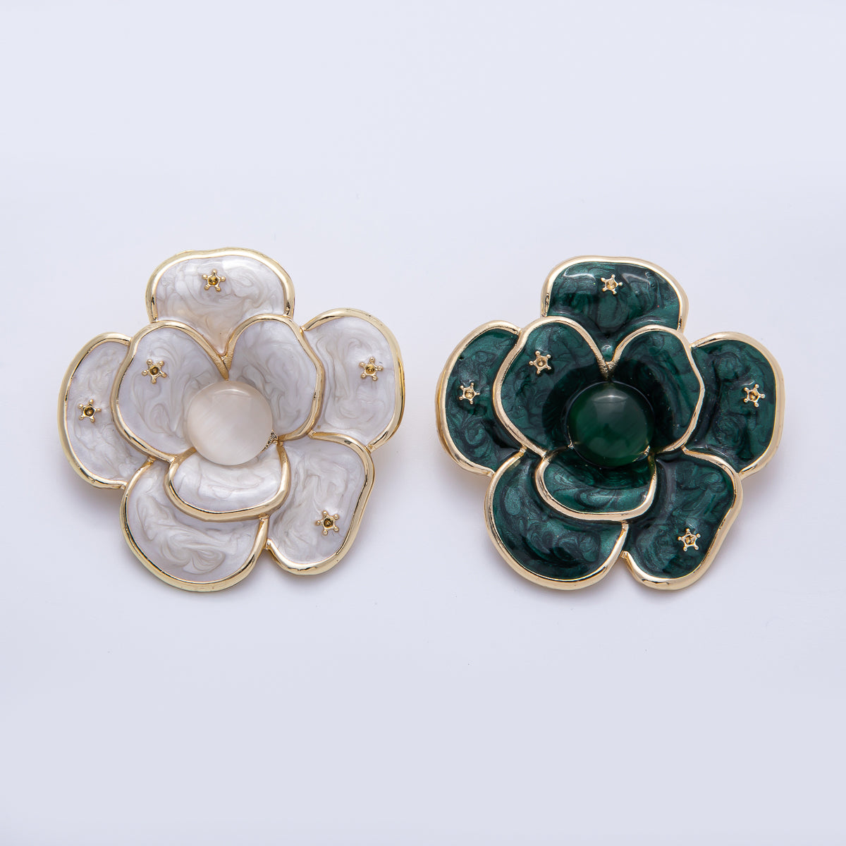 Gold 40mm x 38.4mm White, Green Enamel Flower Pin Brooch | BH-090 BH-091
