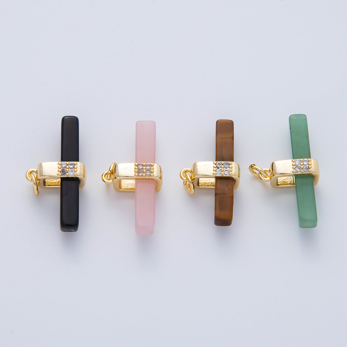 18K Gold Filled 26mm Agate, Aventurine, Rose Quartz, & Tiger Stone Natural Gemstone Bar Charm | AF1457 ~ AF1458