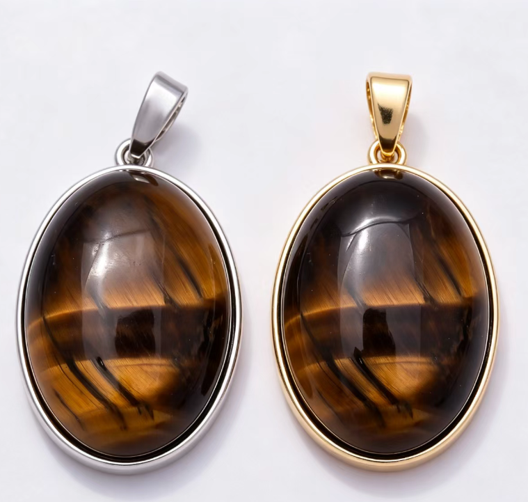 16K Gold Filled 23mm Classic Oval Bezel Dark Tiger Eye Cabochon Natural Gemstone Pendant | Charms-01942 - Charms-01943