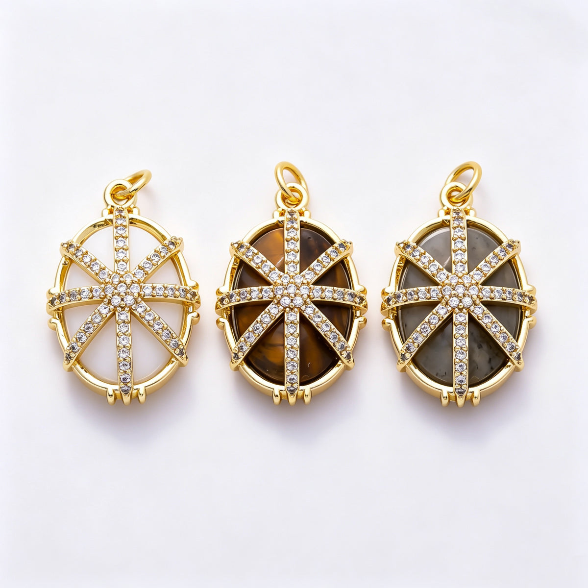 16K Gold Filled 23mm Micro Paved CZ Oval Natural Gemstone Starburst Overlay Pendant | Charms-01659 - Charms-01661