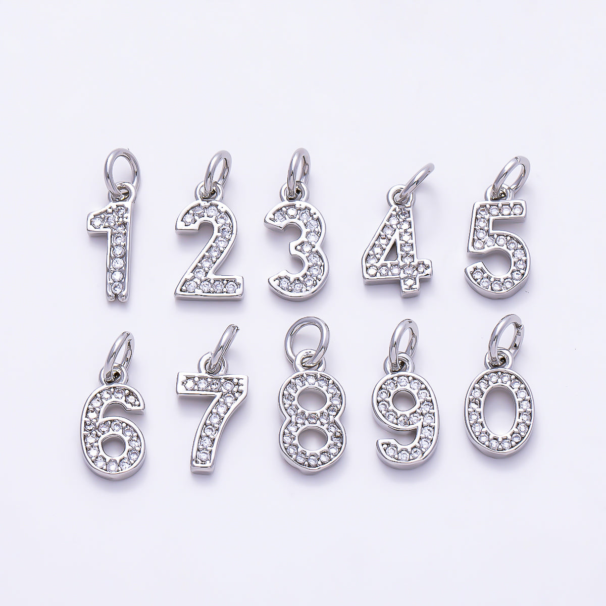 Silver 14mm Number 0-9 Clear Micro Paved CZ Charm | Charms-01527 ~ Charms-01536