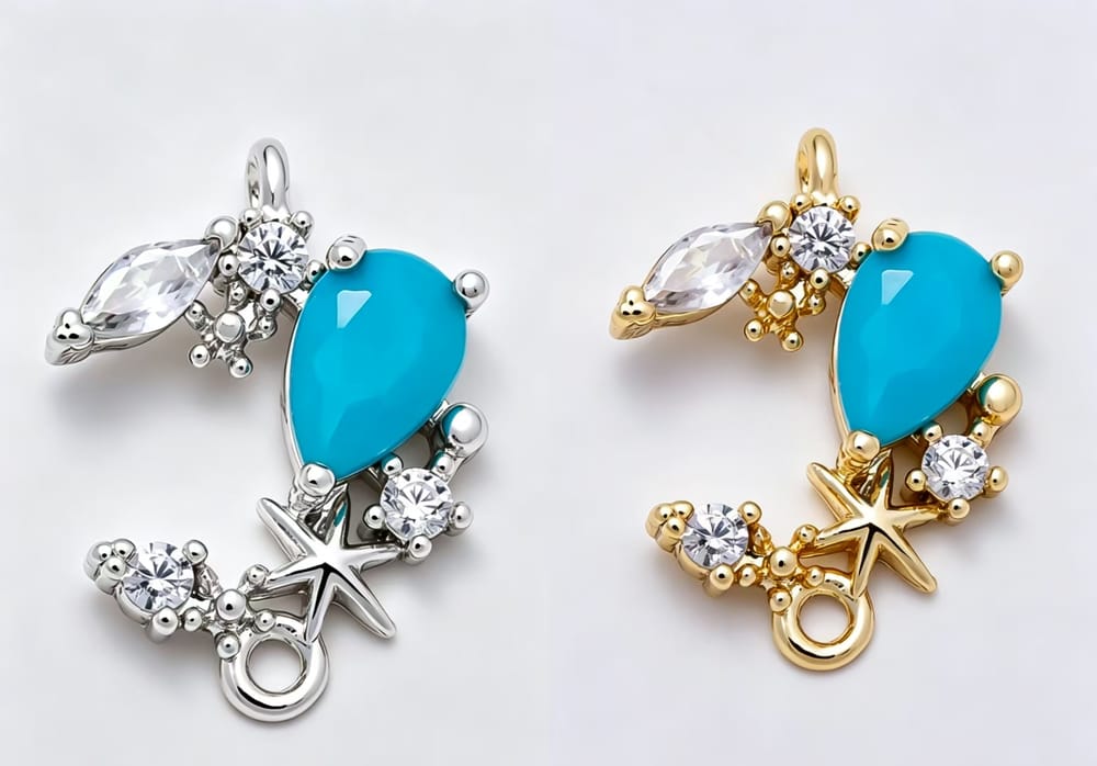 16K Gold Filled 14mm Turquoise Teardrop CZ Crescent Moon & Starfish Beach Connector Link | Connectors-00050 - Connectors-00051