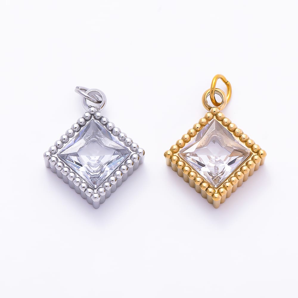 Stainless Steel PVD 14mm Princess Cut Clear CZ Geometric Rhombus Mini Charm in Gold & Silver | Charms-02064 - Charms-02065