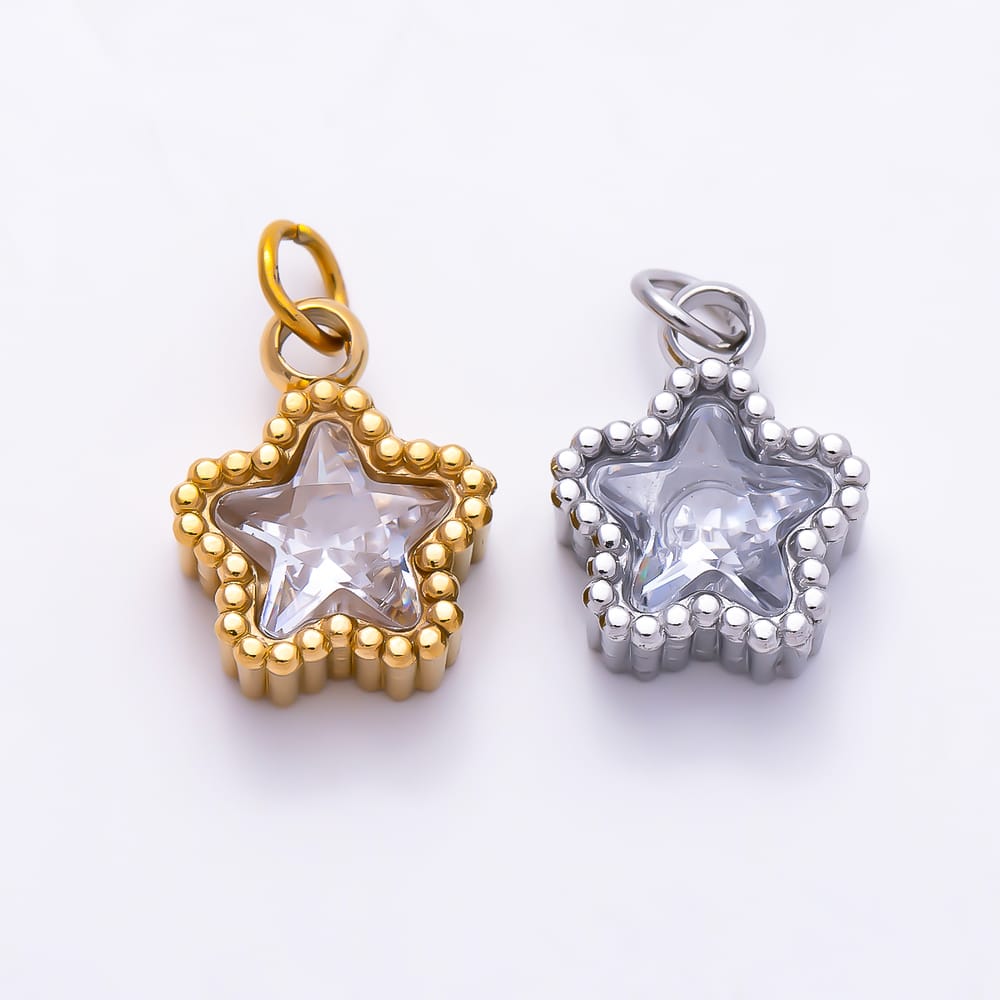Stainless Steel PVD 11mm Star Cut Clear CZ Beaded Border Mini Celestial Charm in Gold & Silver | Charms-02062 - Charms-02063
