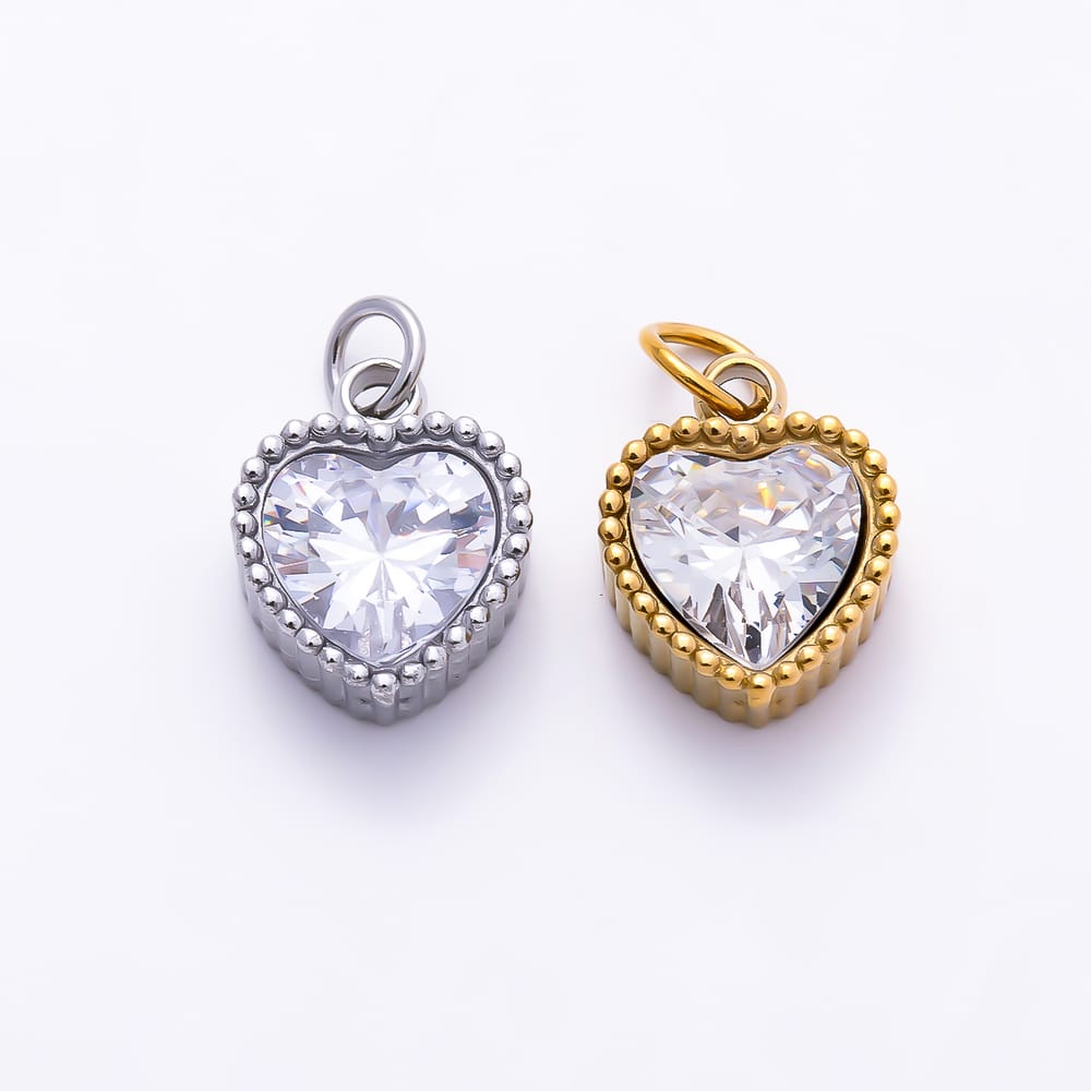 Stainless Steel PVD 10mm Heart Clear CZ Beaded Heart Mini Charm in Gold & Silver | Charms-02066 - Charms-02067