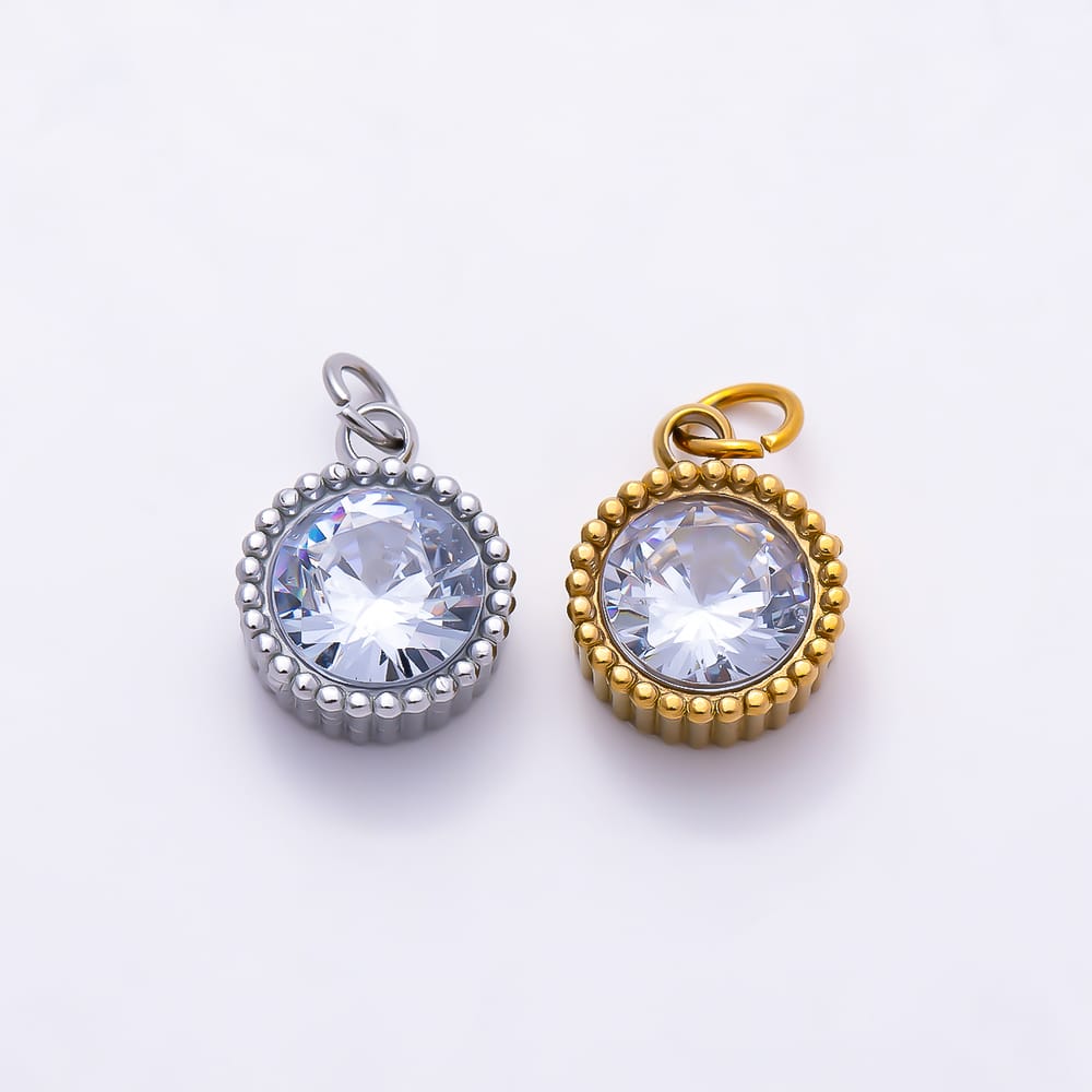 Stainless Steel PVD 10mm Clear CZ Geometric Round Solitaire Mini Charm in Gold & Silver | Charms-02068 - Charms-02069