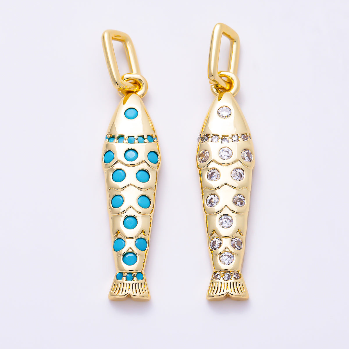 16K Gold Filled 32mm Clear and Turquoise CZ Ocean Fish Pendant | Charms-02074 - Charms-02075
