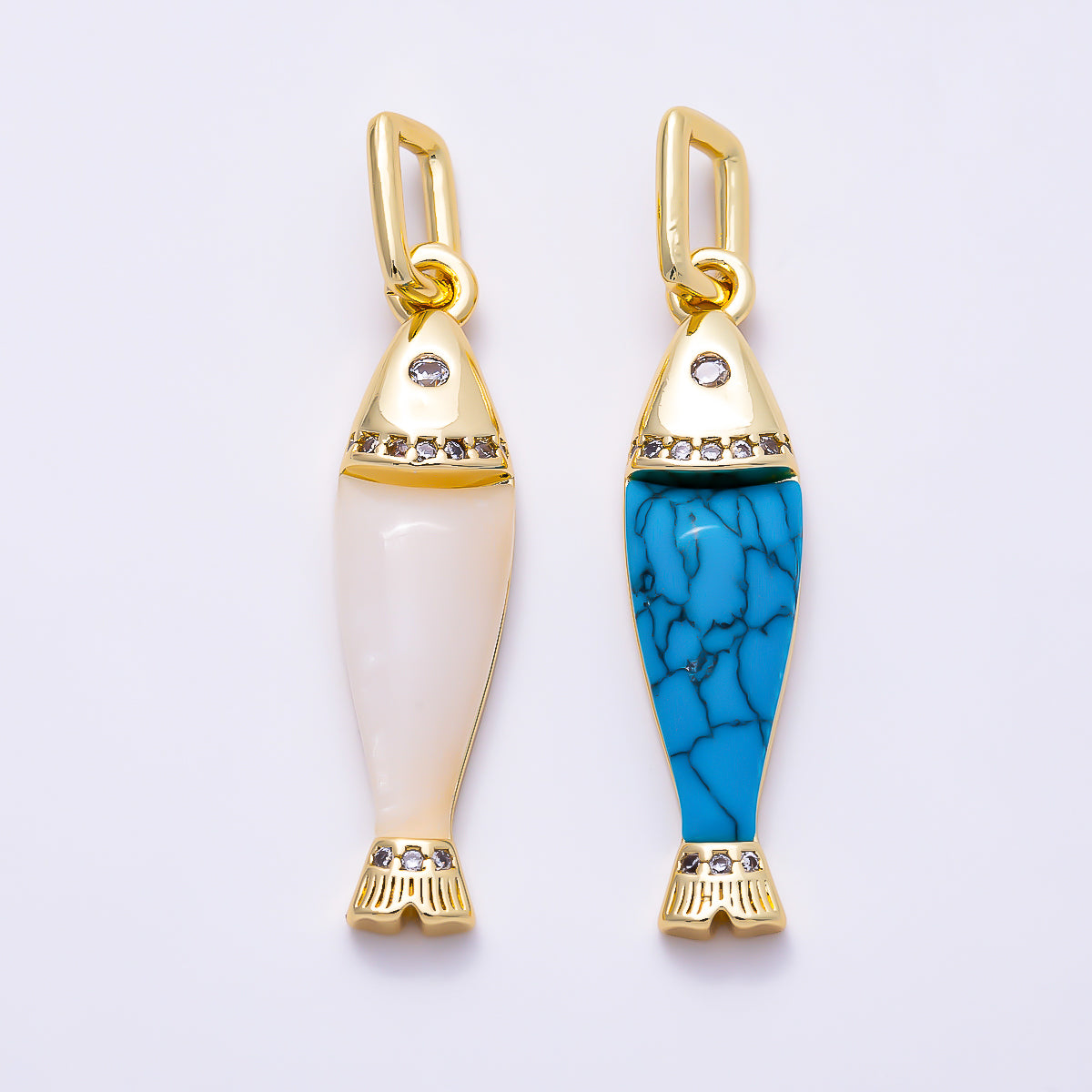 16K Gold Filled 32mm Clear CZ Turquoise and White Quartz Natural Gemstone Ocean Fish Pendant | Charms-02072 - Charms-02073