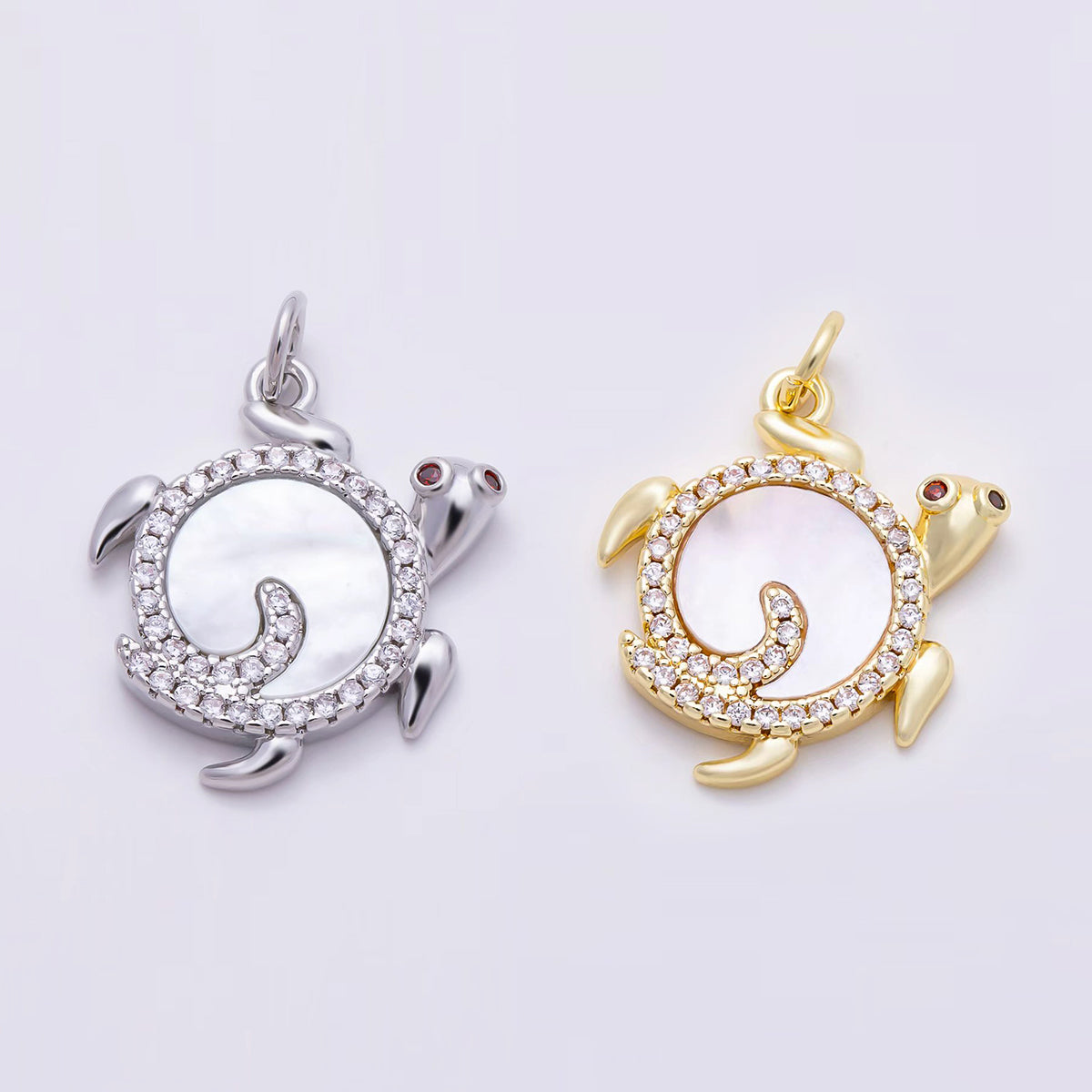 16K Gold Filled 19mm Clear Micro Paved CZ Mother of Pearl Sea Turtle Charm | Charms-02037 - Charms-02038