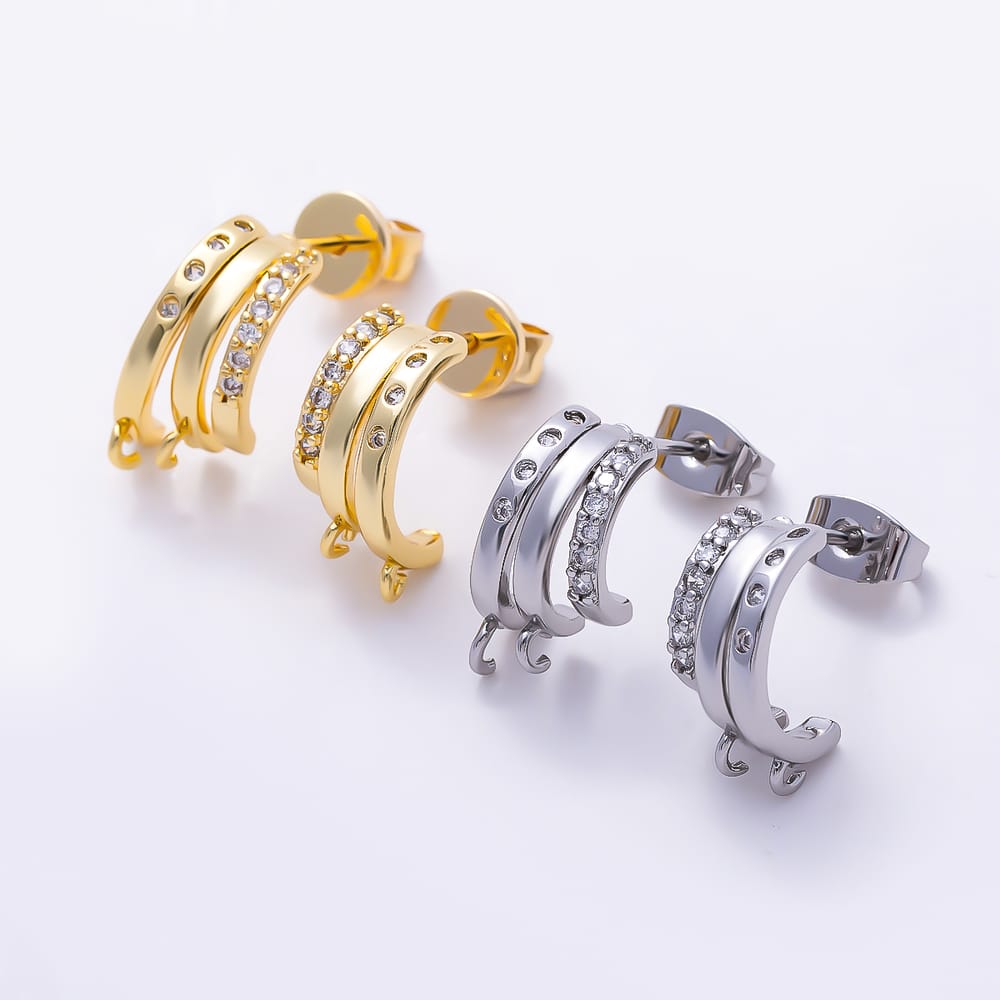 16K Gold Filled 18mm Micro Paved CZ Dotted Open Loop Triple Drop C-Shaped Earring Findings in Gold & Silver | Findings-00596 Findings-00597