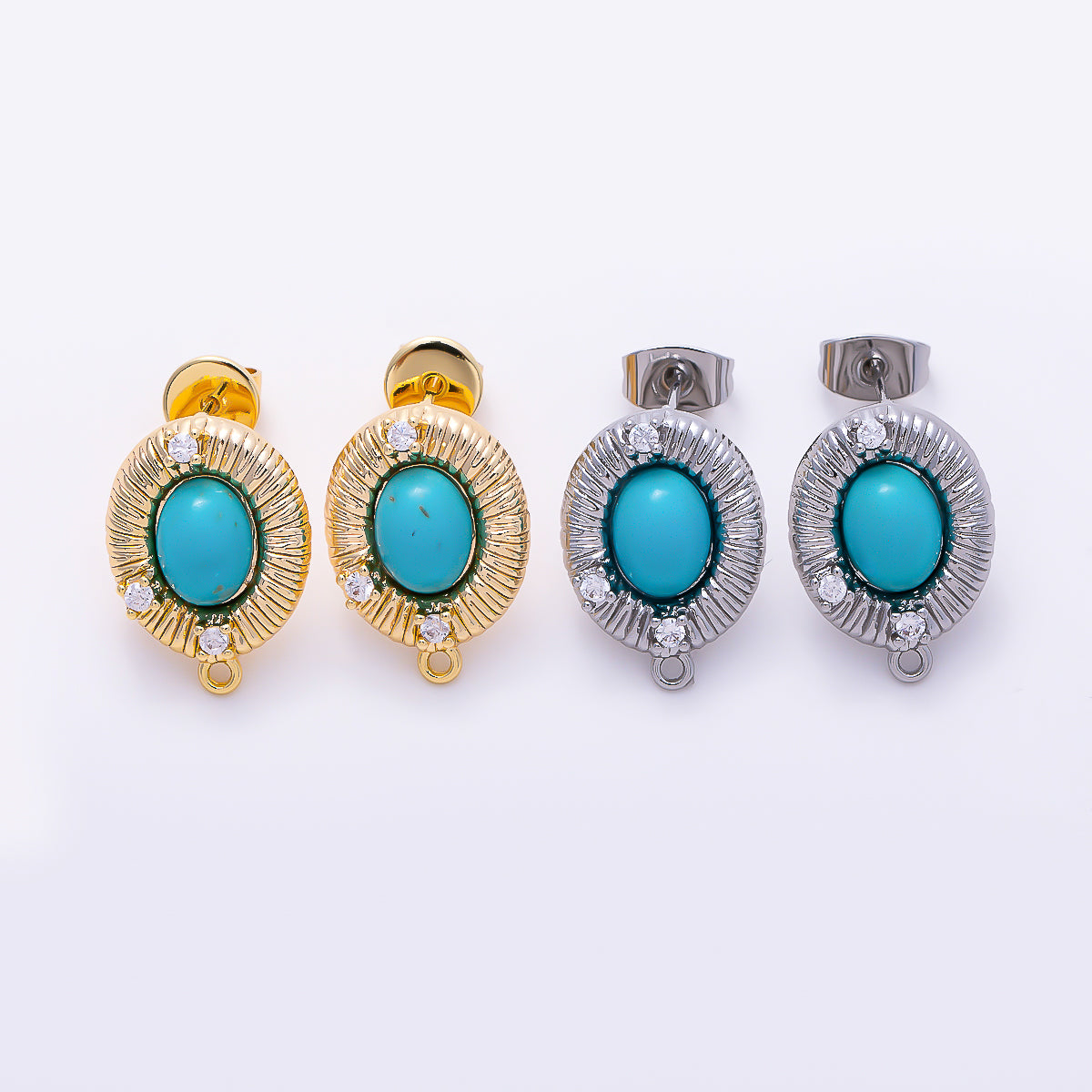 16K Gold Filled 17mm Clear CZ Oval Turquoise Sunburst Stud Earring Findings | Findings-00568 - Findings-00569